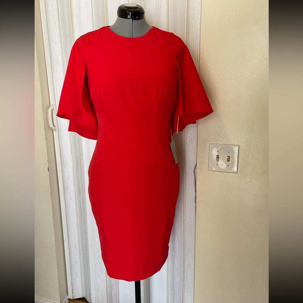 Eliza J Red Midi Dress with Flutter Sleeves
